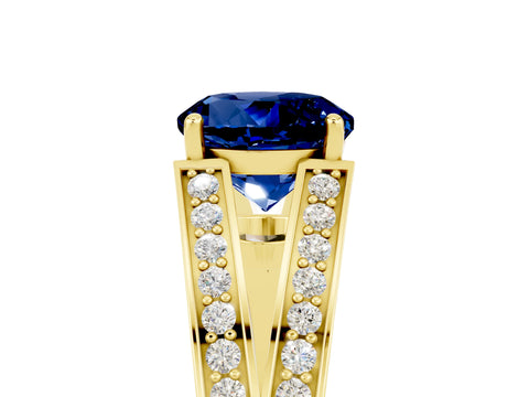 Yellow gold Round Cut Blue Sapphire Split Shank Ring with Pavé Band and Four-Prong Setting_5