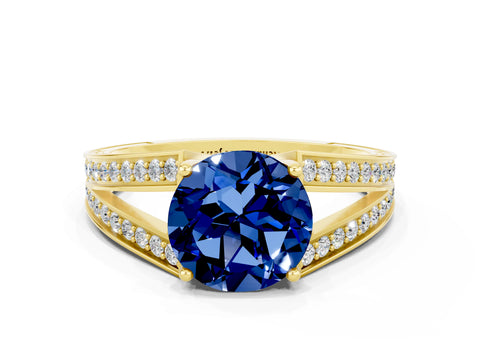 Yellow gold Round Cut Blue Sapphire Split Shank Ring with Pavé Band and Four-Prong Setting