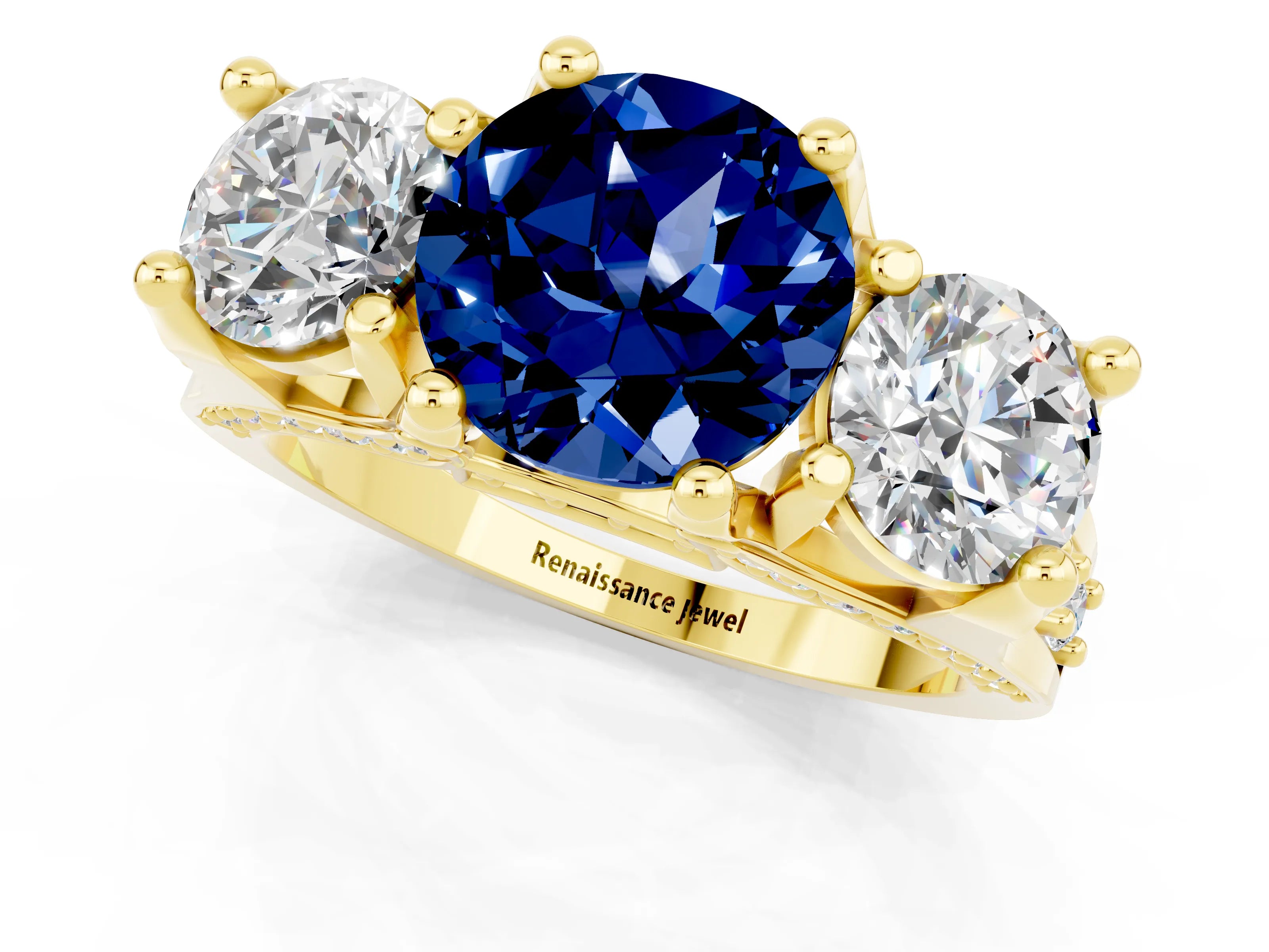 Yellow gold Round Cut Blue Sapphire Three-Stone Ring with Channel Set Band and Four-Prong Setting_1