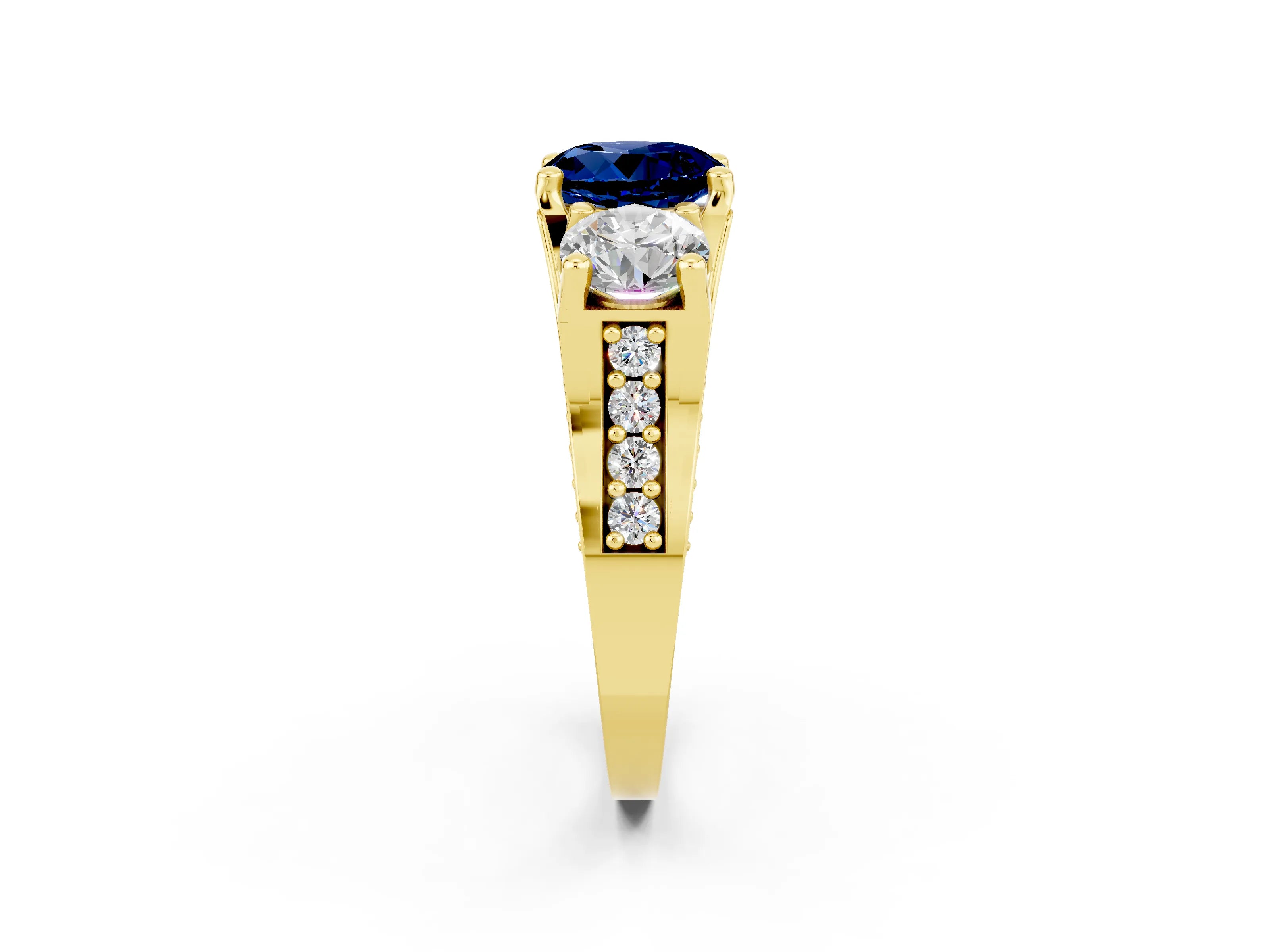 Yellow gold Round Cut Blue Sapphire Three-Stone Ring with Channel Set Band and Four-Prong Setting_2