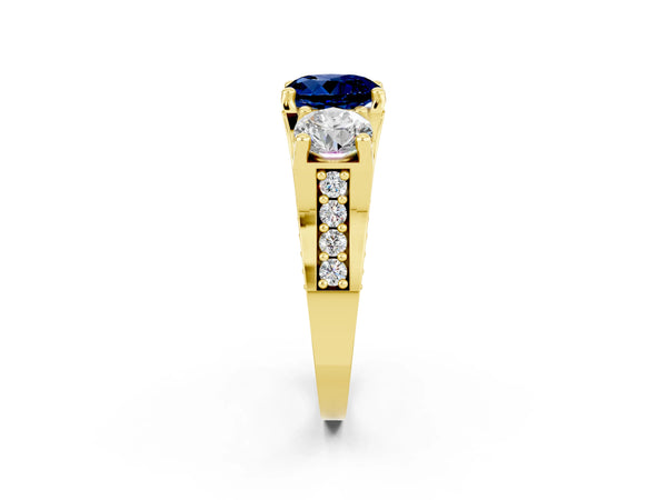 Yellow gold Round Cut Blue Sapphire Three-Stone Ring with Channel Set Band and Four-Prong Setting