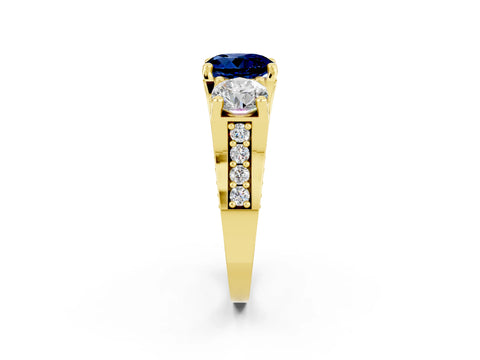 Yellow gold Round Cut Blue Sapphire Three-Stone Ring with Channel Set Band and Four-Prong Setting_2