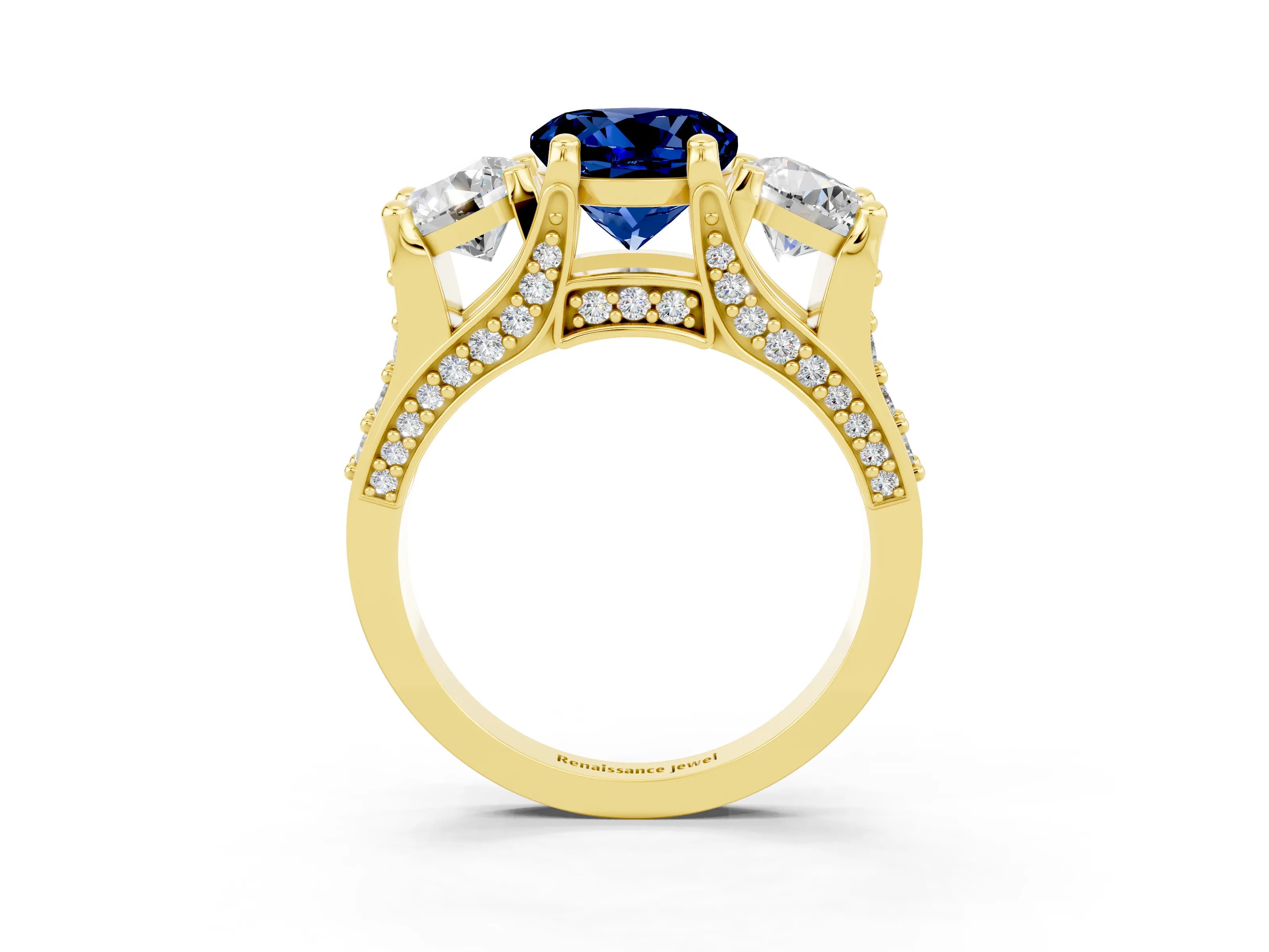 Yellow gold Round Cut Blue Sapphire Three-Stone Ring with Channel Set Band and Four-Prong Setting_3