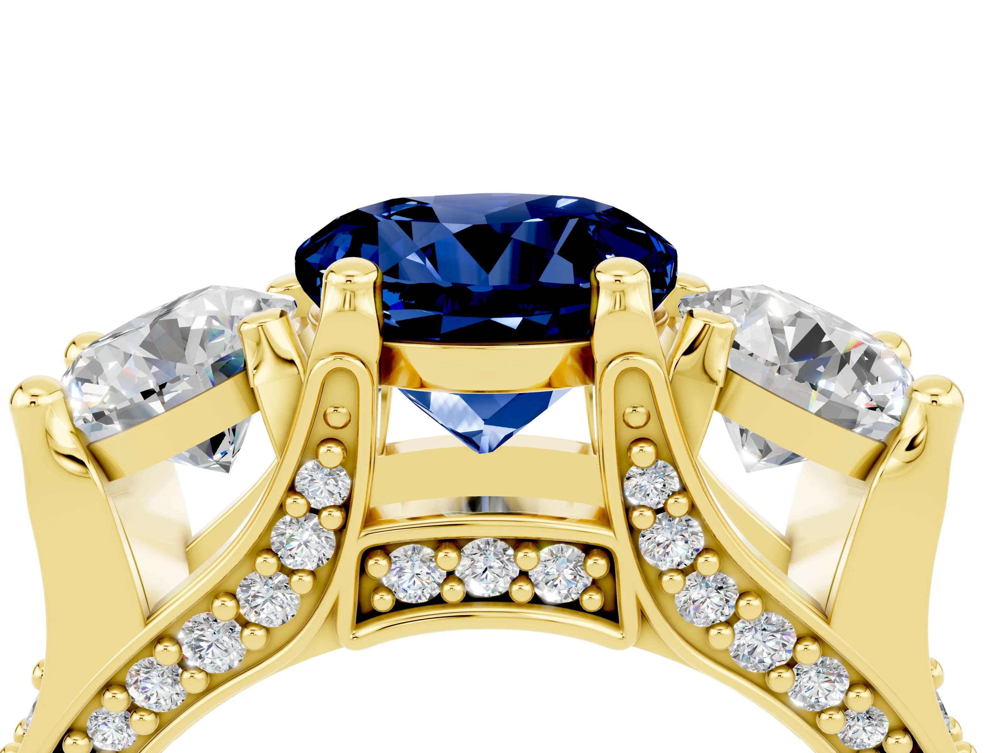 Yellow gold Round Cut Blue Sapphire Three-Stone Ring with Channel Set Band and Four-Prong Setting_4
