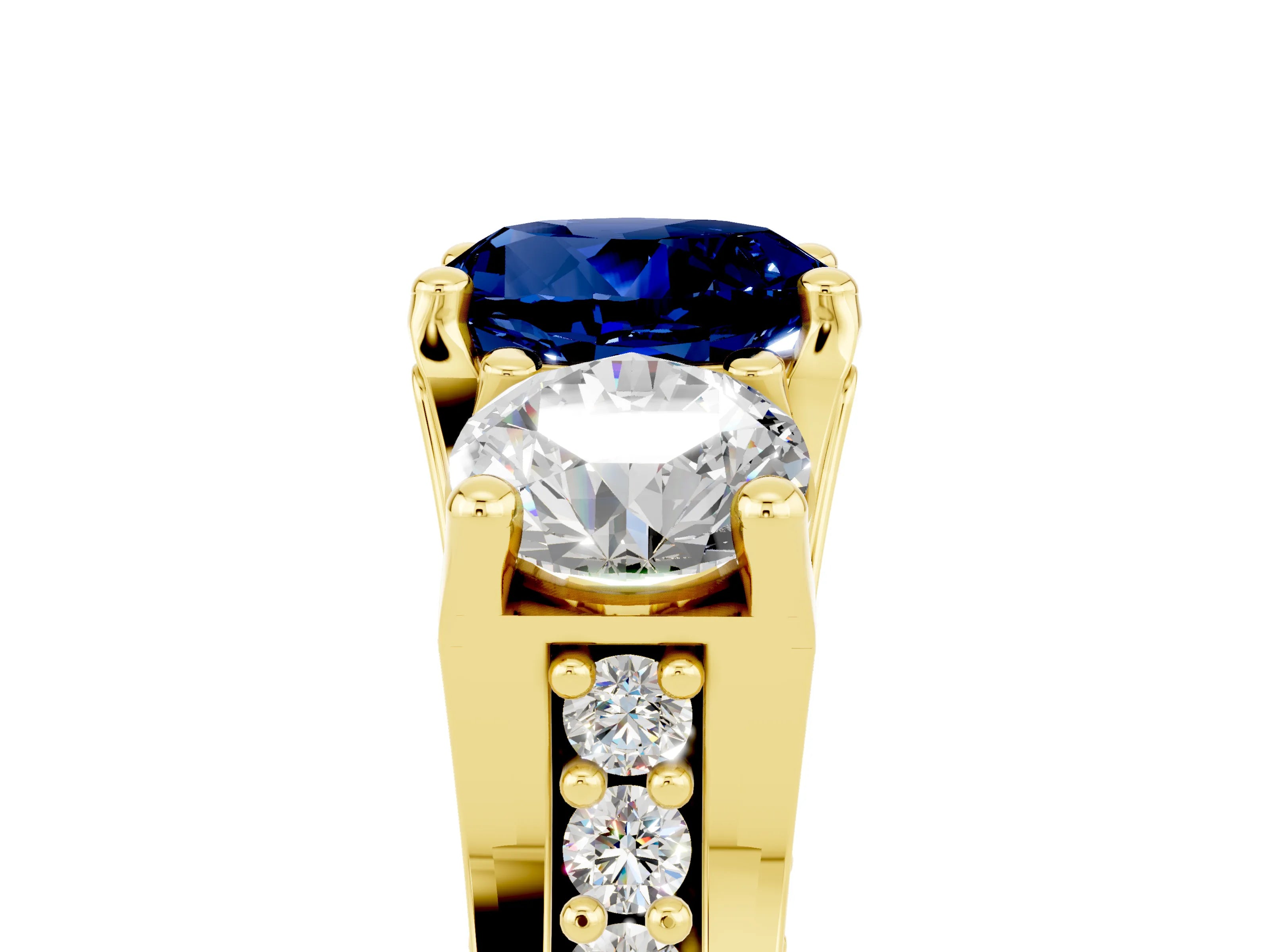 Yellow gold Round Cut Blue Sapphire Three-Stone Ring with Channel Set Band and Four-Prong Setting_5