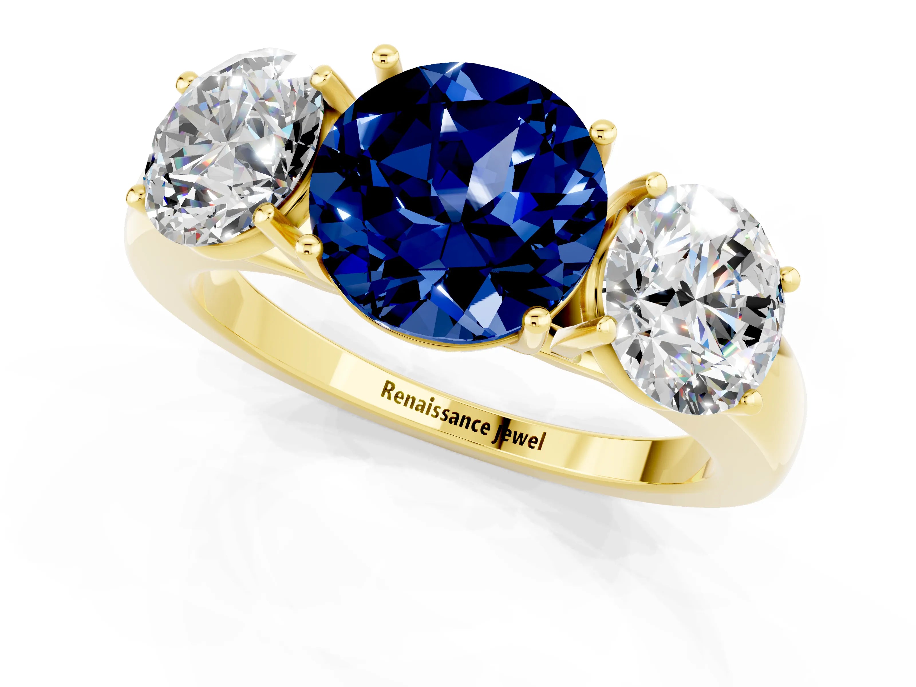 Yellow gold Round Cut Blue Sapphire Three-Stone Ring with Four-Prong Setting and Classic Band_1