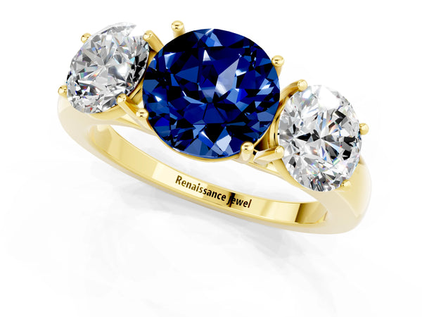 Yellow gold Round Cut Blue Sapphire Three-Stone Ring with Four-Prong Setting and Classic Band