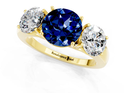 Yellow gold Round Cut Blue Sapphire Three-Stone Ring with Four-Prong Setting and Classic Band_1
