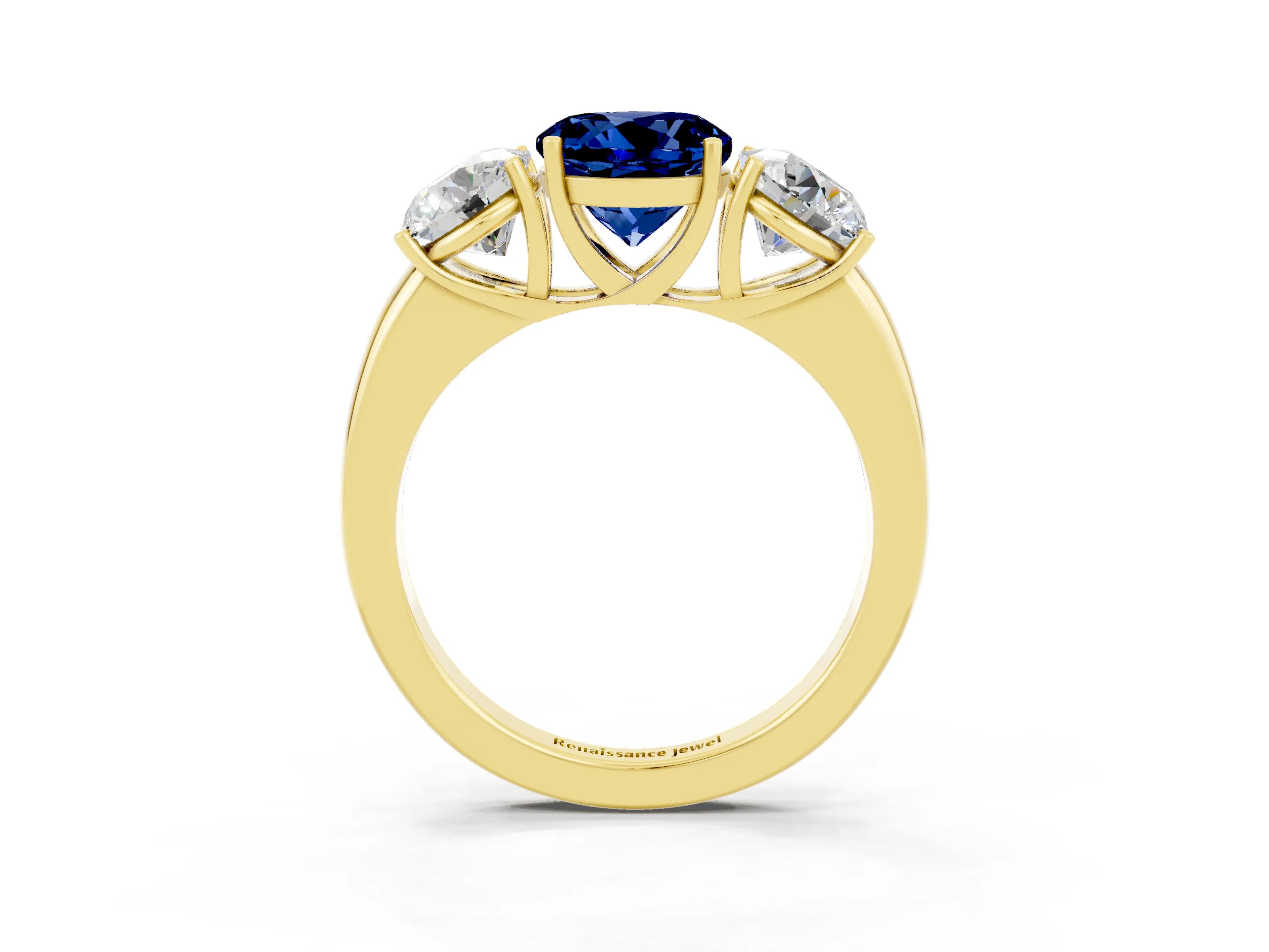 Yellow gold Round Cut Blue Sapphire Three-Stone Ring with Four-Prong Setting and Classic Band_3