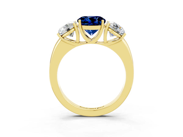 Yellow gold Round Cut Blue Sapphire Three-Stone Ring with Four-Prong Setting and Classic Band