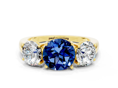 Yellow gold Round Cut Blue Sapphire Three-Stone Ring with Four-Prong Setting and Classic Band