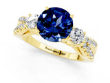 Yellow gold Round Cut Blue Sapphire Three-Stone Ring with Pavé Split Shank and Four-Prong Setting_1