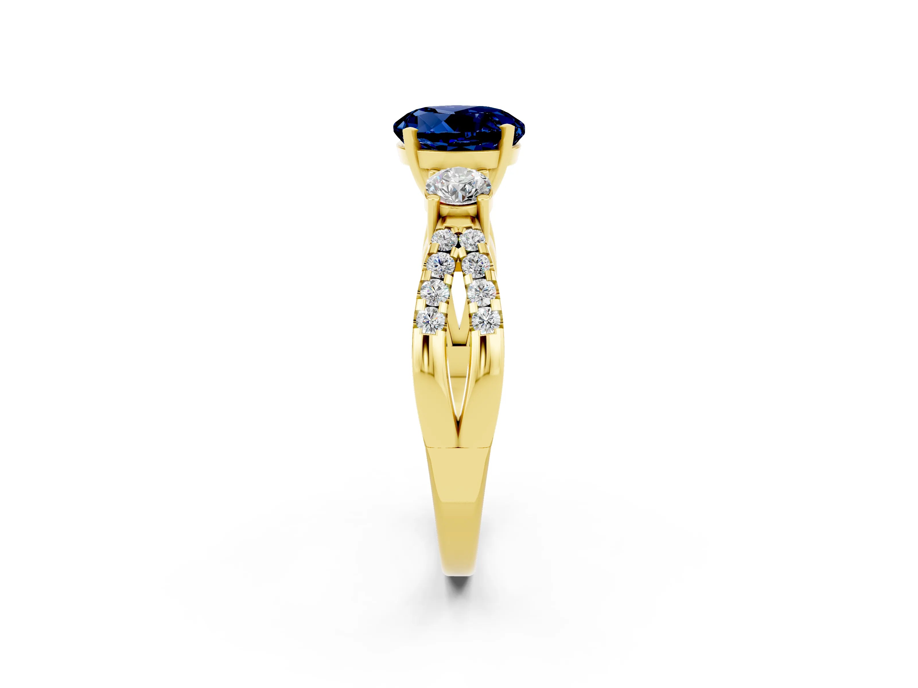 Yellow gold Round Cut Blue Sapphire Three-Stone Ring with Pavé Split Shank and Four-Prong Setting_2