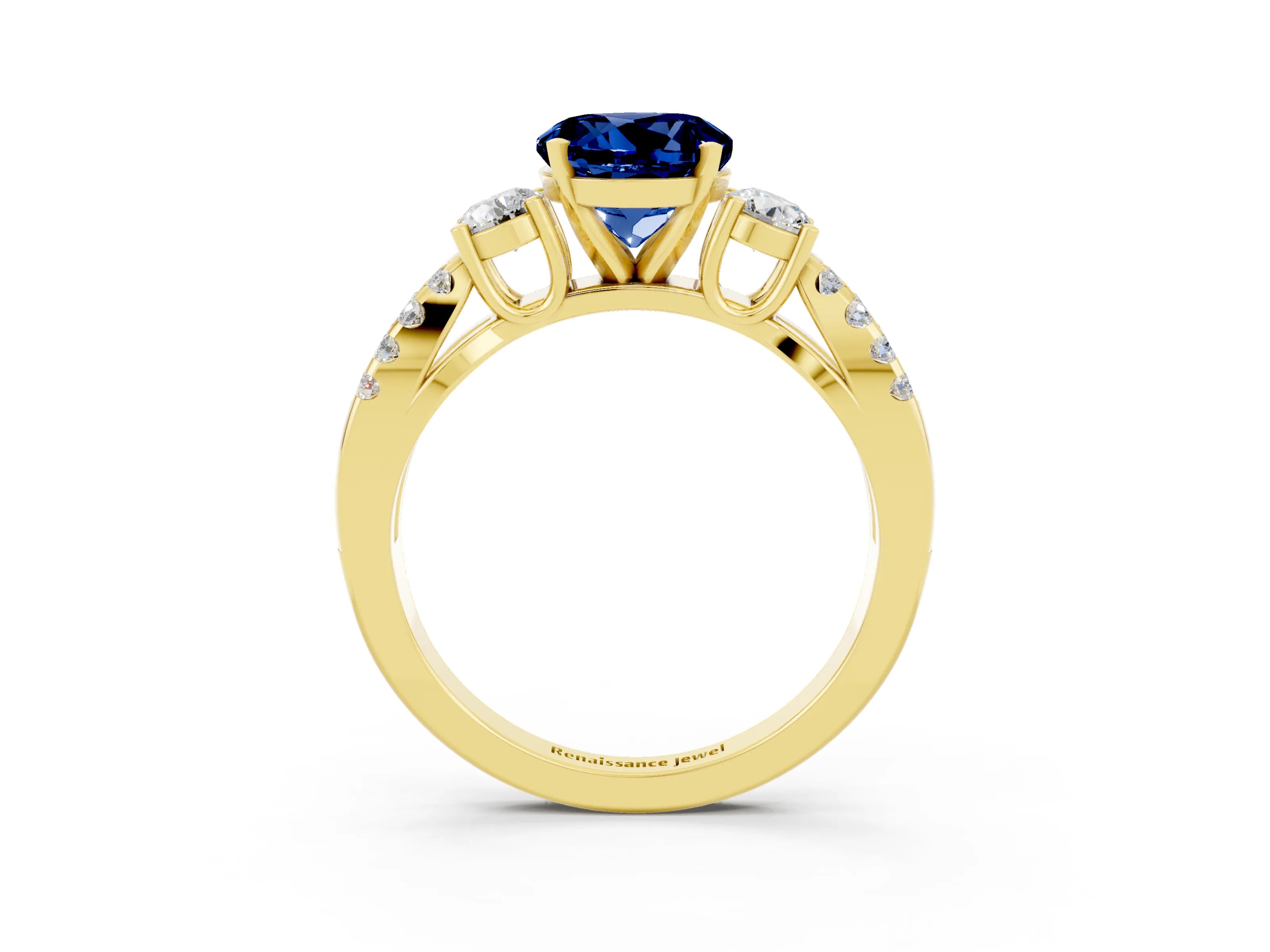 Yellow gold Round Cut Blue Sapphire Three-Stone Ring with Pavé Split Shank and Four-Prong Setting_3
