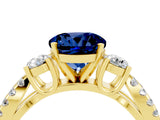 Yellow gold Round Cut Blue Sapphire Three-Stone Ring with Pavé Split Shank and Four-Prong Setting_4