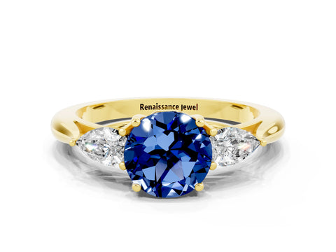 Yellow gold Round Cut Blue Sapphire Three-Stone Ring with Pear Side Stones and Four-Prong Setting_12