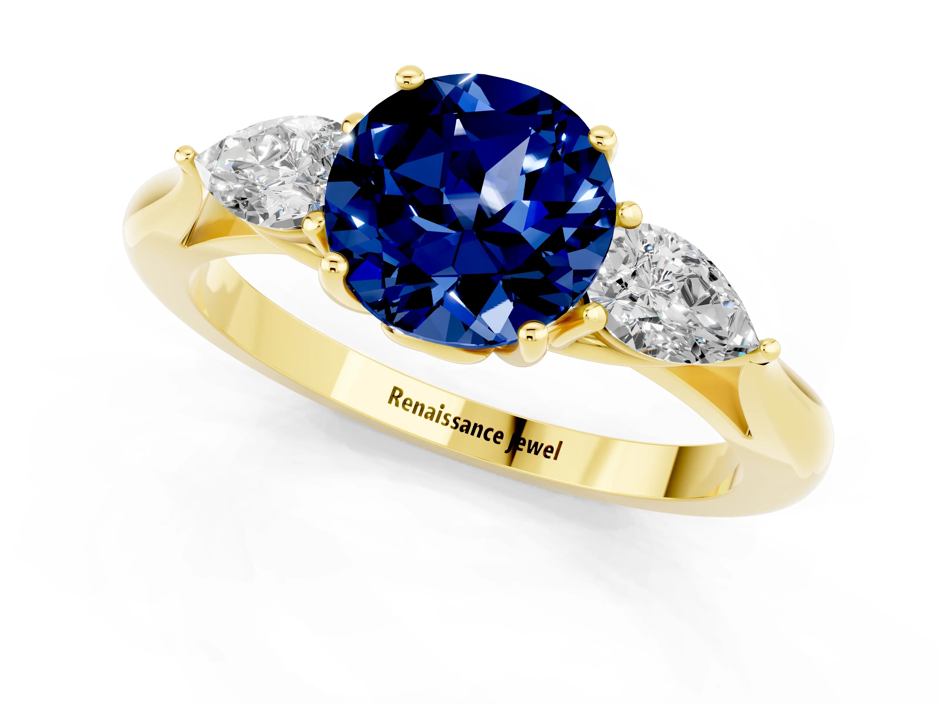 Yellow gold Round Cut Blue Sapphire Three-Stone Ring with Pear Side Stones and Four-Prong Setting_13
