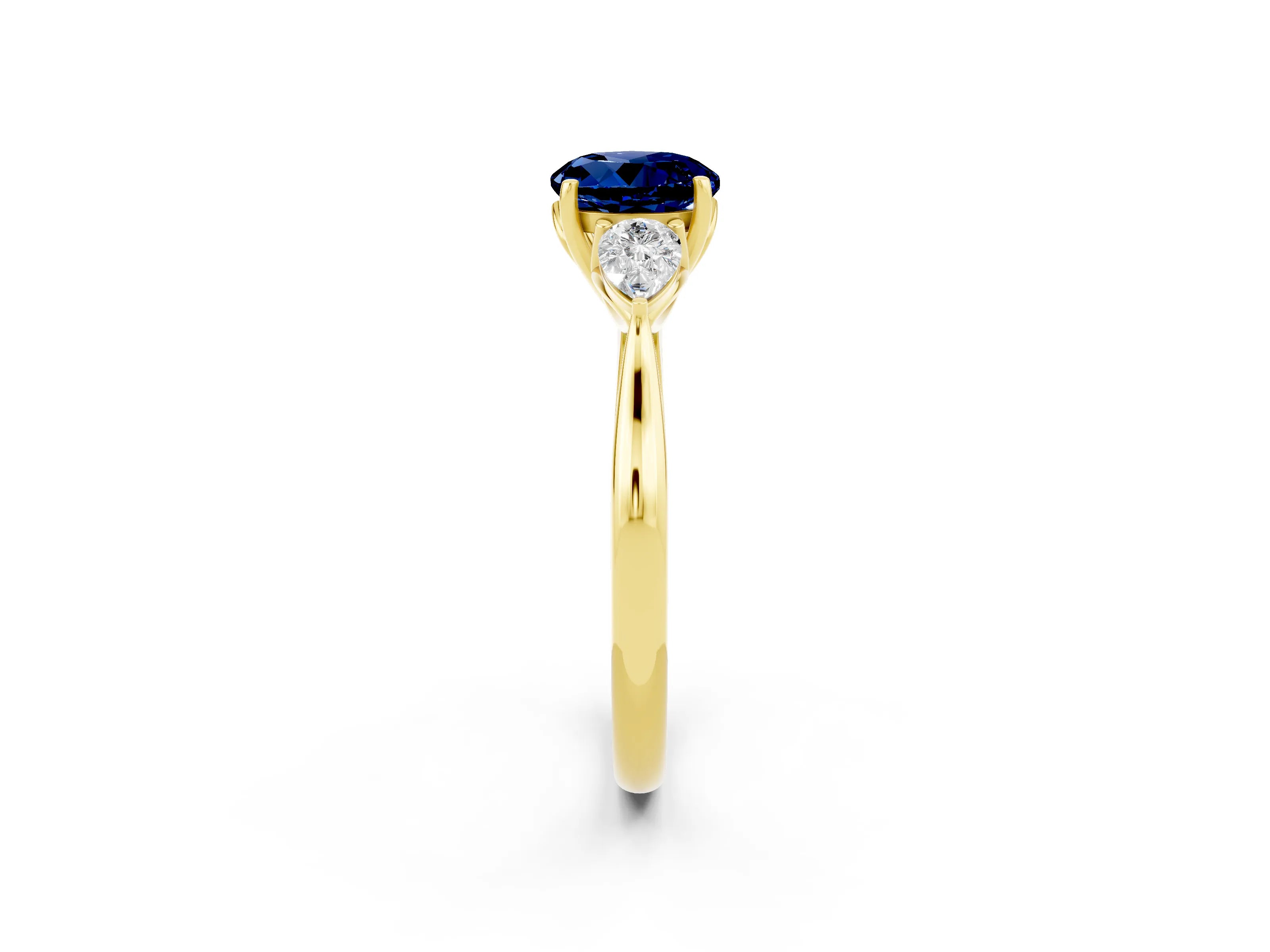 Yellow gold Round Cut Blue Sapphire Three-Stone Ring with Pear Side Stones and Four-Prong Setting_14