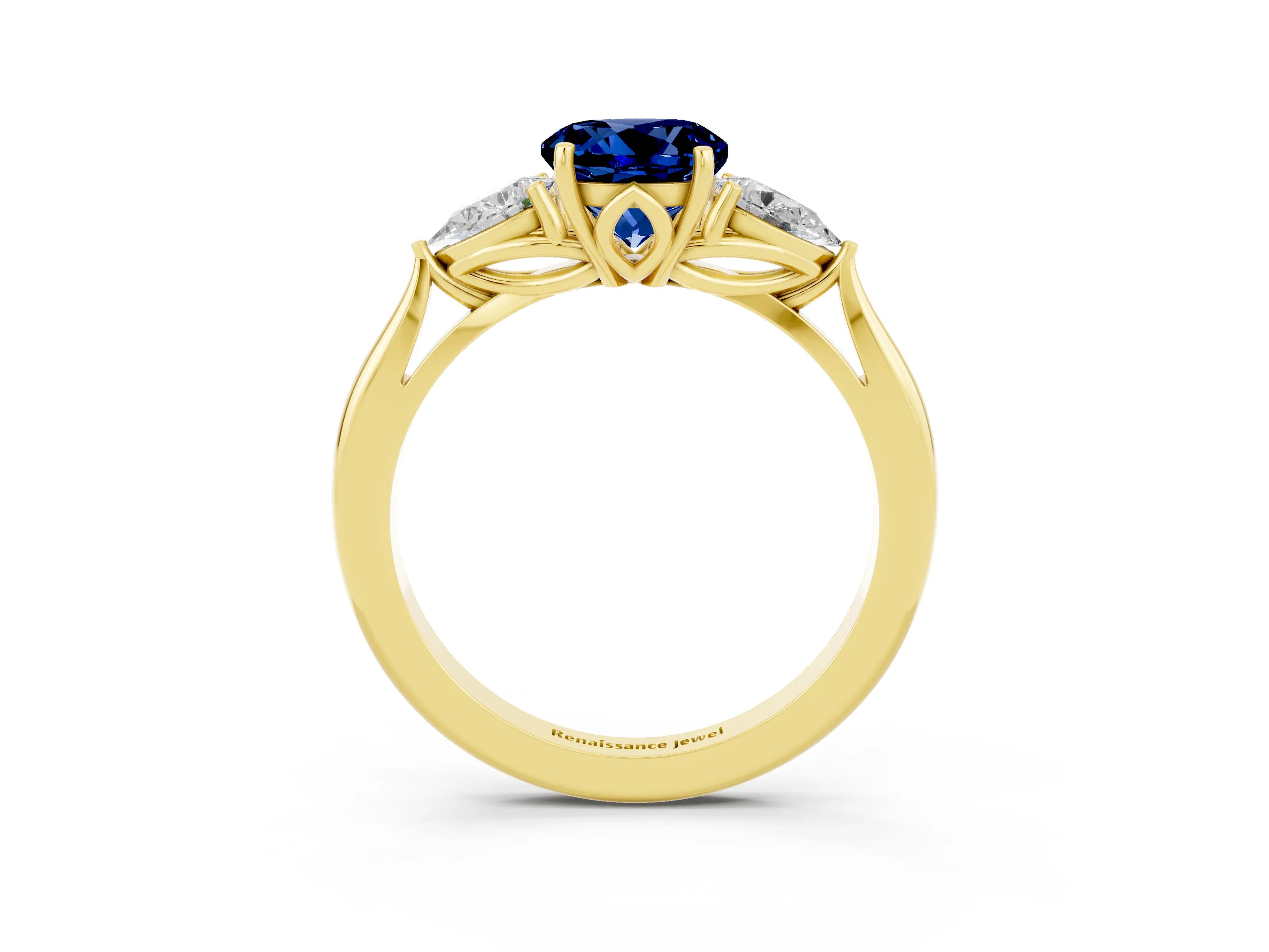 Yellow gold Round Cut Blue Sapphire Three-Stone Ring with Pear Side Stones and Four-Prong Setting_15