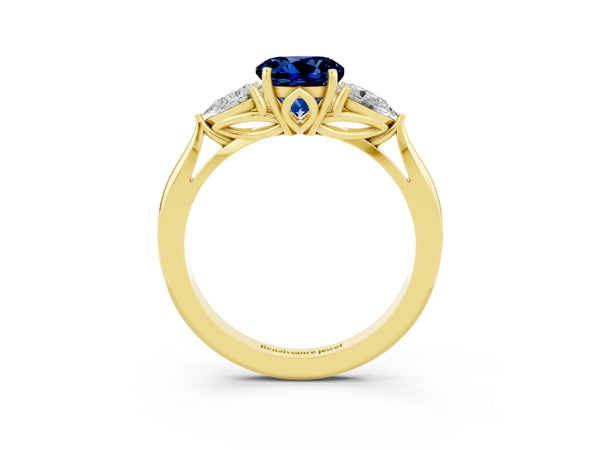 Yellow gold Round Cut Blue Sapphire Three-Stone Ring with Pear  Side Stones and Prong Setting