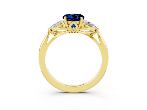 Yellow gold Round Cut Blue Sapphire Three-Stone Ring with Pear Side Stones and Four-Prong Setting_15