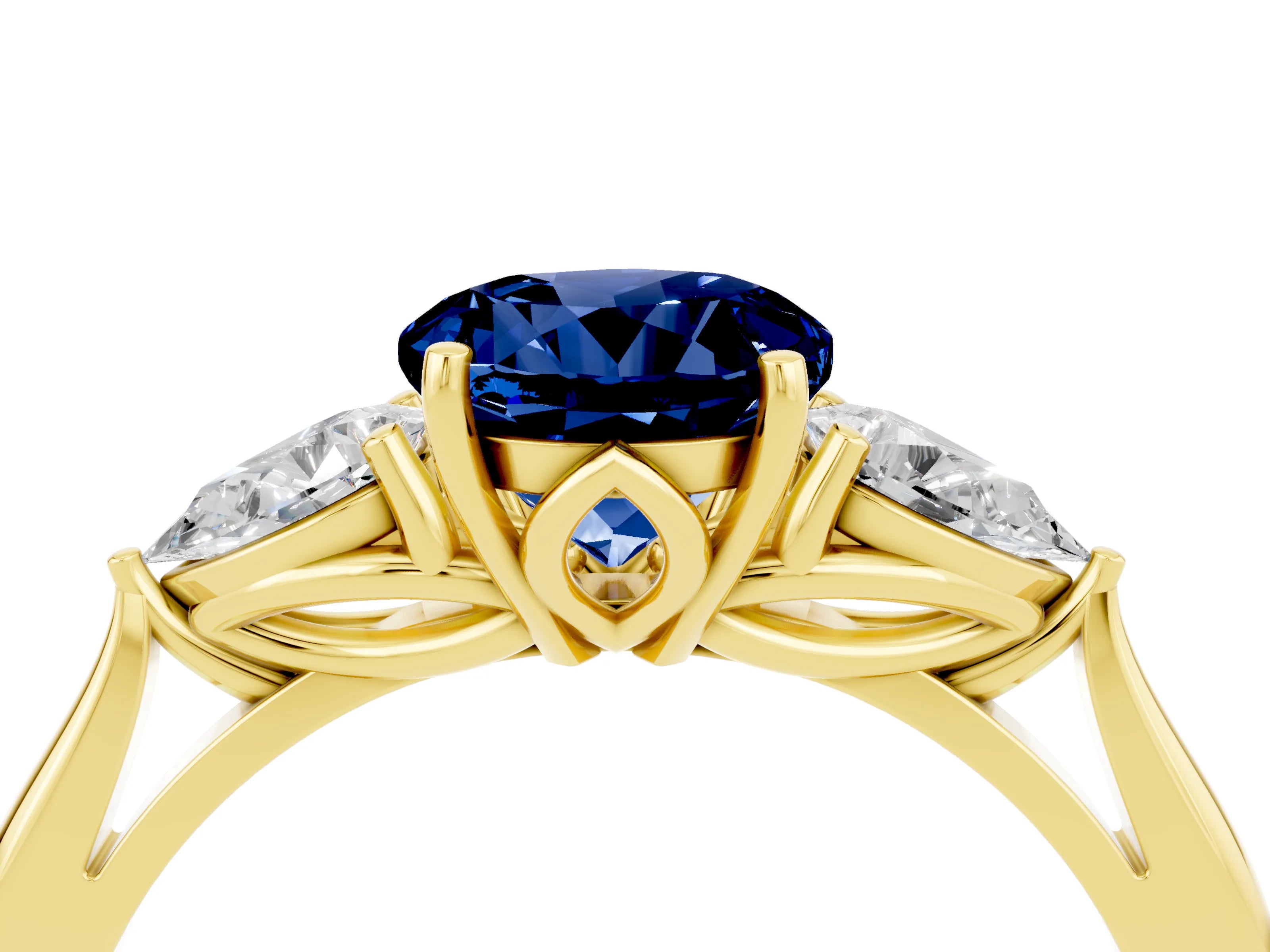 Yellow gold Round Cut Blue Sapphire Three-Stone Ring with Pear Side Stones and Four-Prong Setting_16