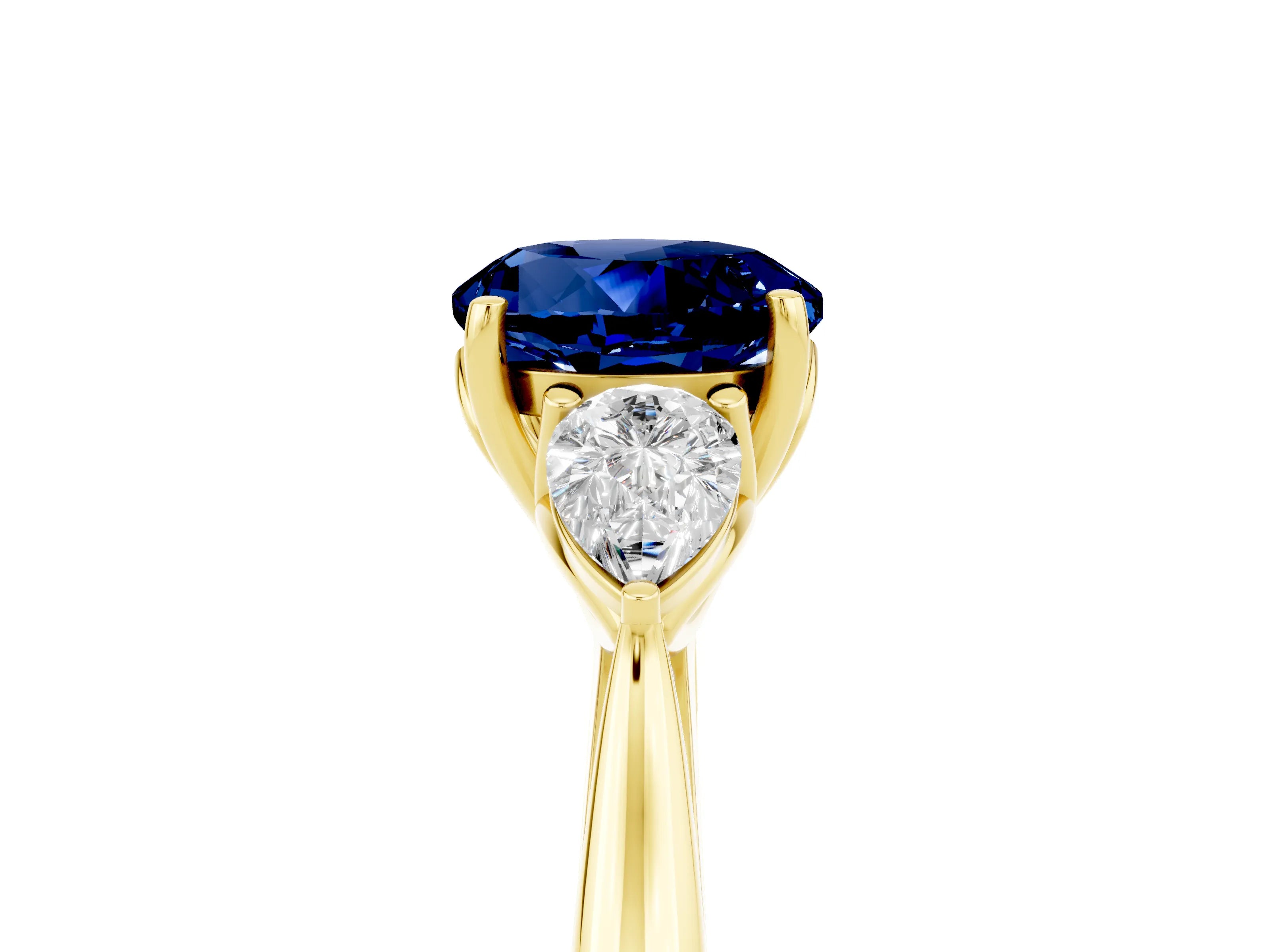 Yellow gold Round Cut Blue Sapphire Three-Stone Ring with Pear Side Stones and Four-Prong Setting_17