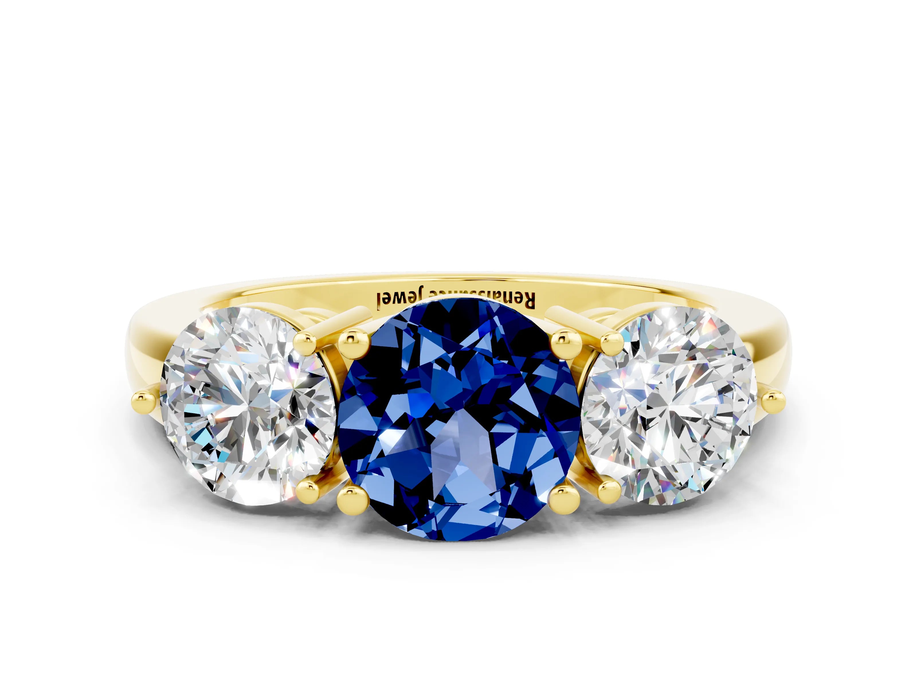 Yellow gold Round Cut Blue Sapphire Three-Stone Ring with Prong Setting and Classic Band
