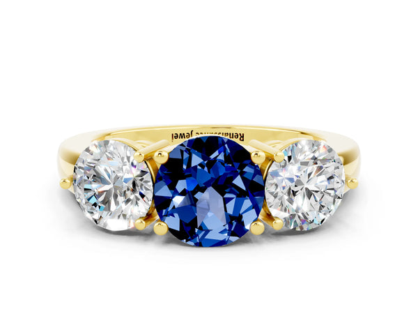 Yellow gold Round Cut Blue Sapphire Three-Stone Ring with Prong Setting and Classic Band