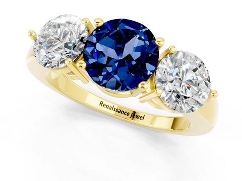 Yellow gold Round Cut Blue Sapphire Three-Stone Ring with Prong Setting and Classic Band_1