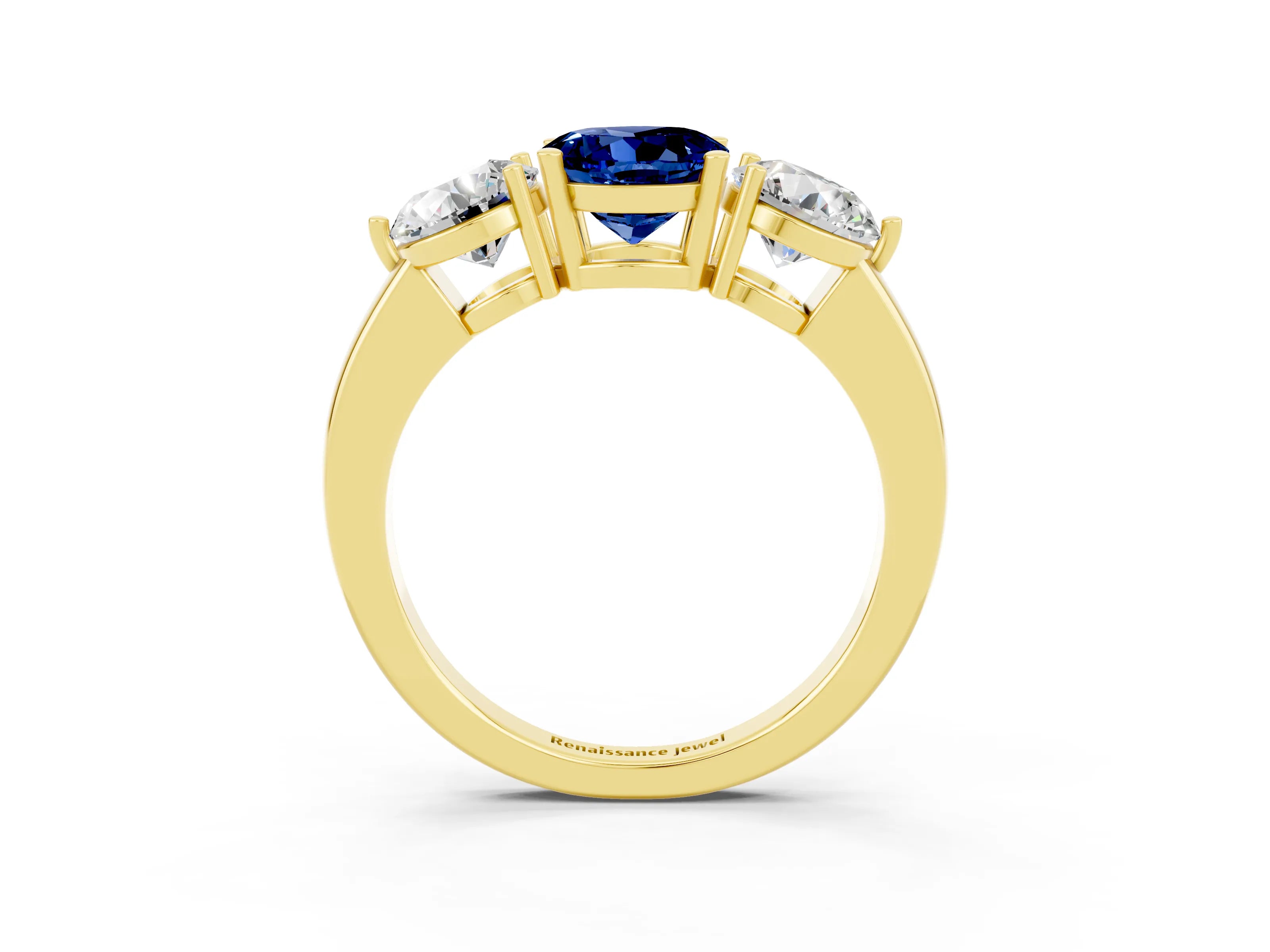 Yellow gold Round Cut Blue Sapphire Three-Stone Ring with Prong Setting and Classic Band_3