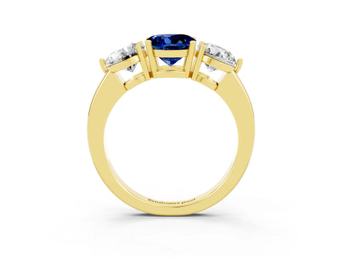 Yellow gold Round Cut Blue Sapphire Three-Stone Ring with Prong Setting and Classic Band_3