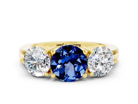 Yellow gold Round Cut Blue Sapphire Three-Stone Ring with Prong Setting and Classic Band