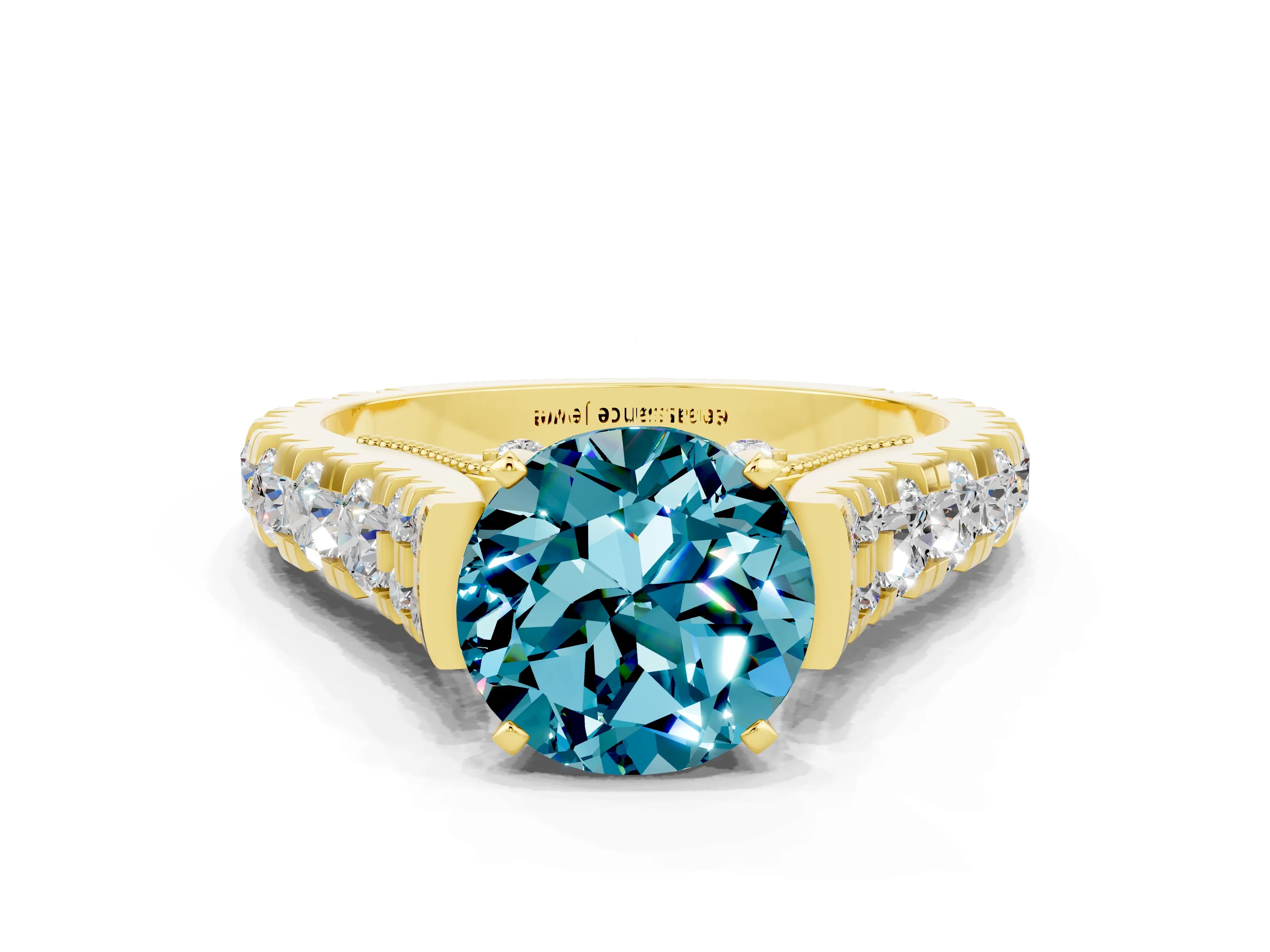 Yellow gold Round Cut Blue Topaz Classic Solitaire Ring with Pavé Band and Four-Prong Setting