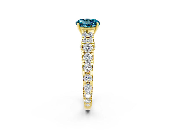 Yellow gold Round Cut Blue Topaz Classic Solitaire Ring with Pavé Band and Four-Prong Setting