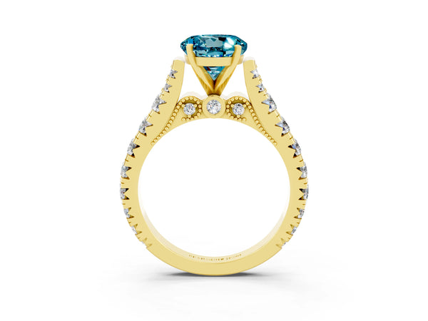 Yellow gold Round Cut Blue Topaz Classic Solitaire Ring with Pavé Band and Four-Prong Setting