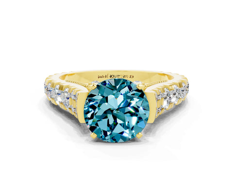 Yellow gold Round Cut Blue Topaz Classic Solitaire Ring with Pavé Band and Four-Prong Setting