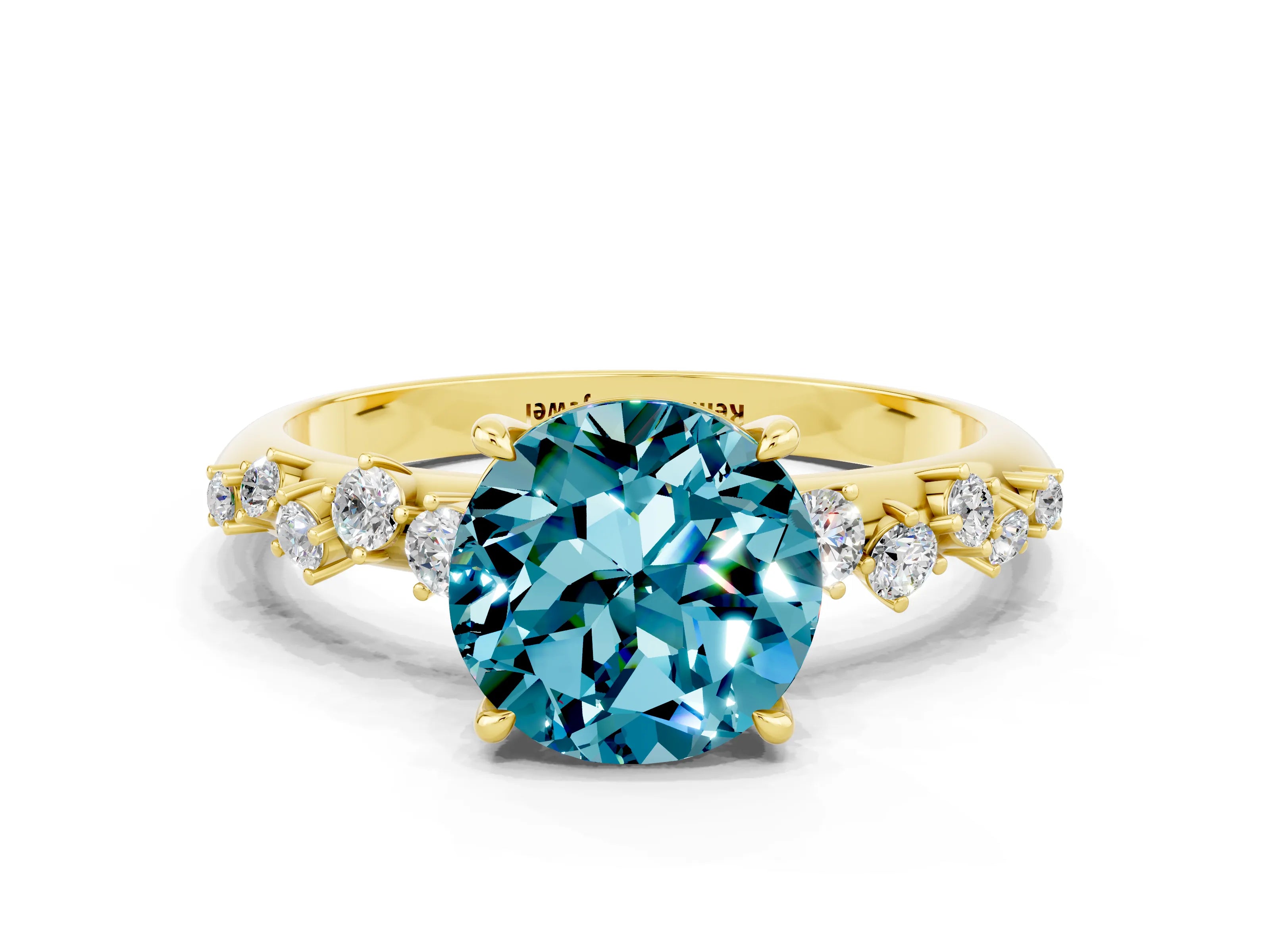 Yellow gold Round Cut Blue Topaz Cluster Side Stone Solitaire Ring with Prong Setting_24