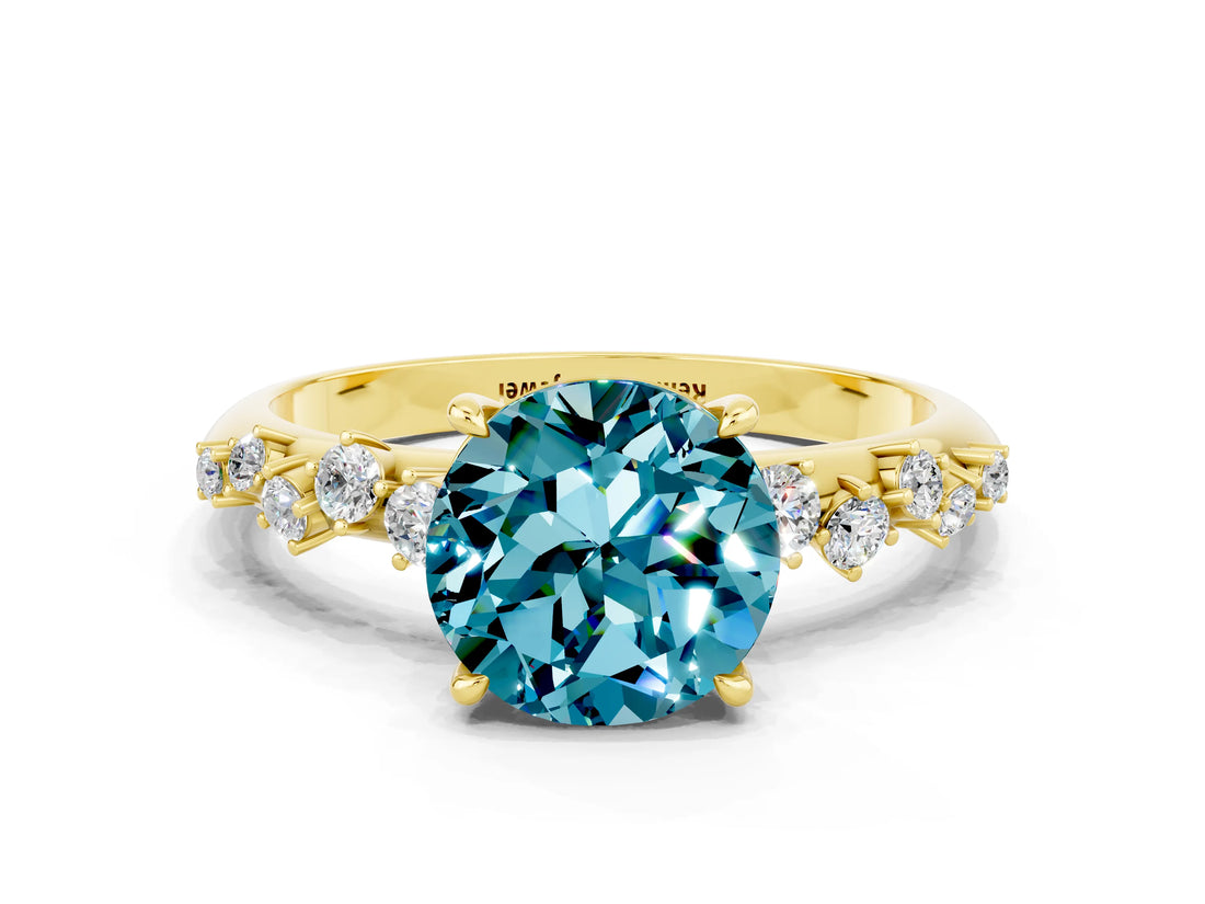 Yellow gold Round Cut Blue Topaz Cluster Side Stone Solitaire Ring with Prong Setting_24