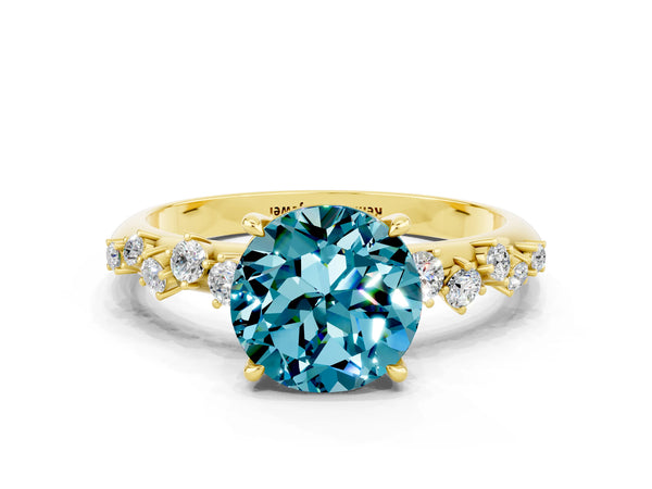 Yellow Gold Round Blue Topaz Graduated Cluster Solitaire Engagement Ring with Open Basket