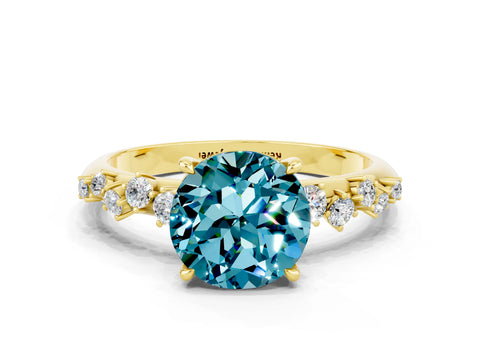 Yellow gold Round Cut Blue Topaz Cluster Side Stone Solitaire Ring with Prong Setting_24