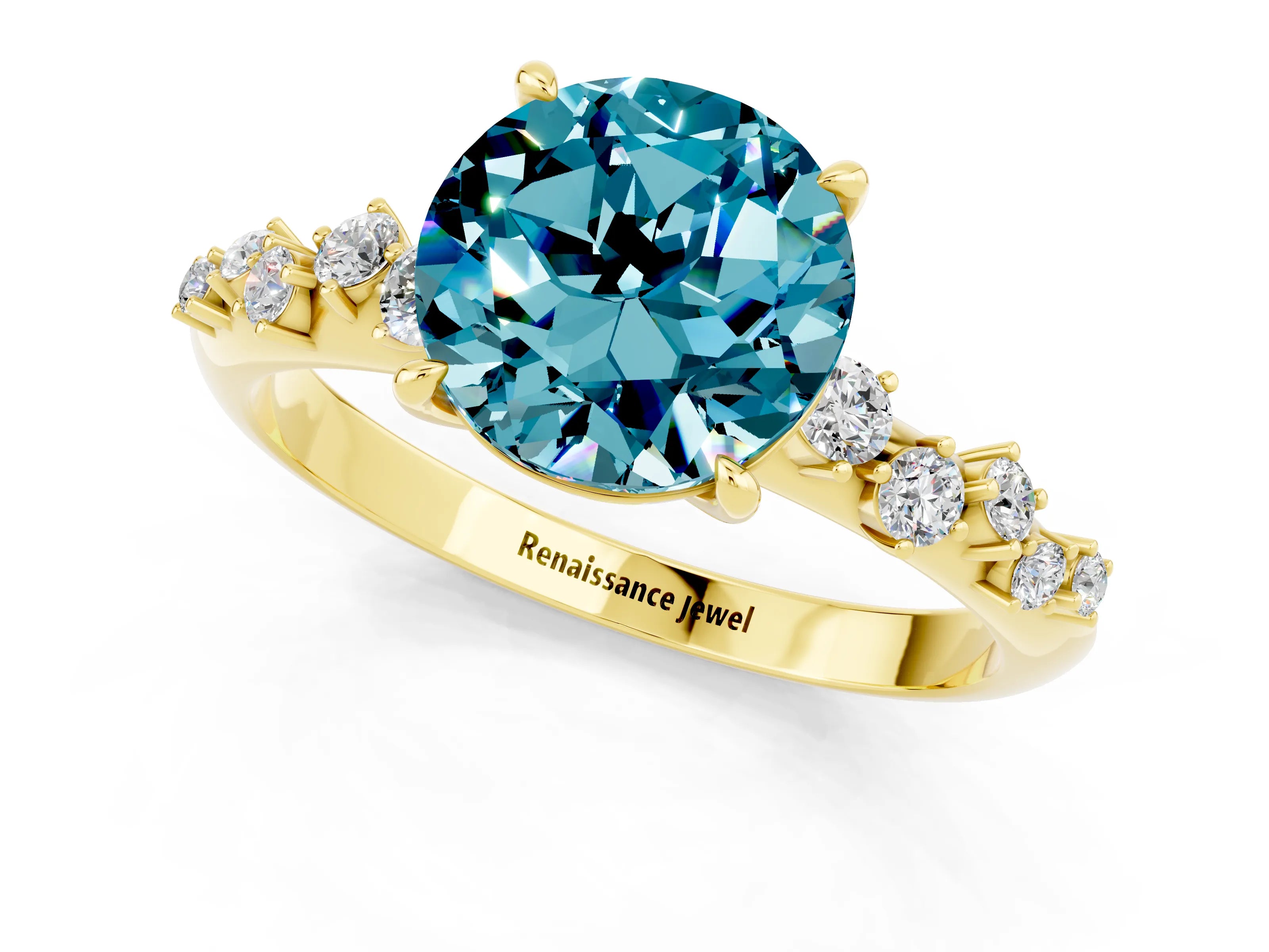 Yellow gold Round Cut Blue Topaz Cluster Side Stone Solitaire Ring with Prong Setting_25
