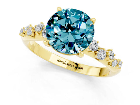 Yellow gold Round Cut Blue Topaz Cluster Side Stone Solitaire Ring with Prong Setting_25