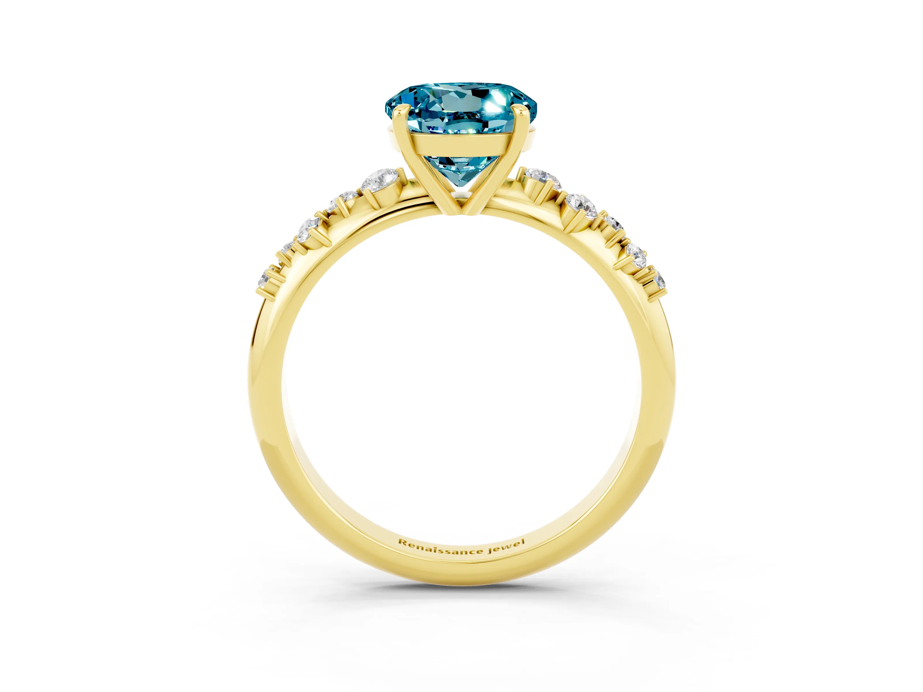 Yellow gold Round Cut Blue Topaz Cluster Side Stone Solitaire Ring with Prong Setting_27