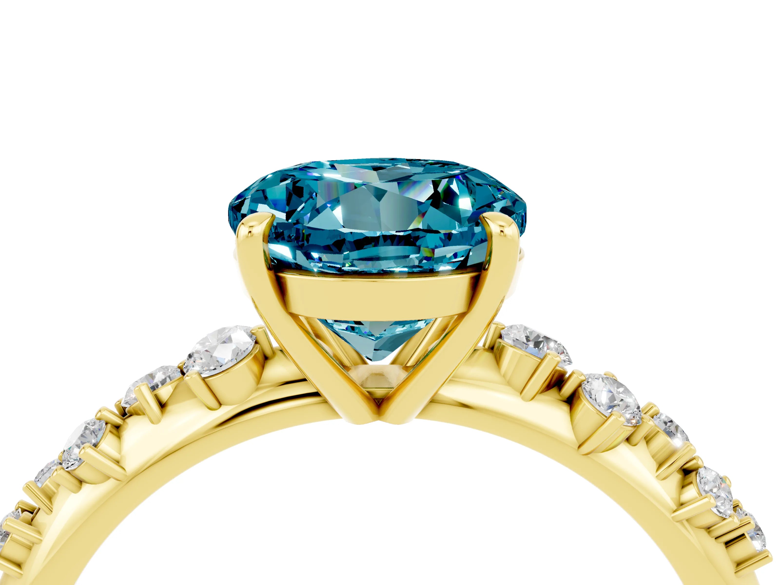 Yellow gold Round Cut Blue Topaz Cluster Side Stone Solitaire Ring with Prong Setting_28