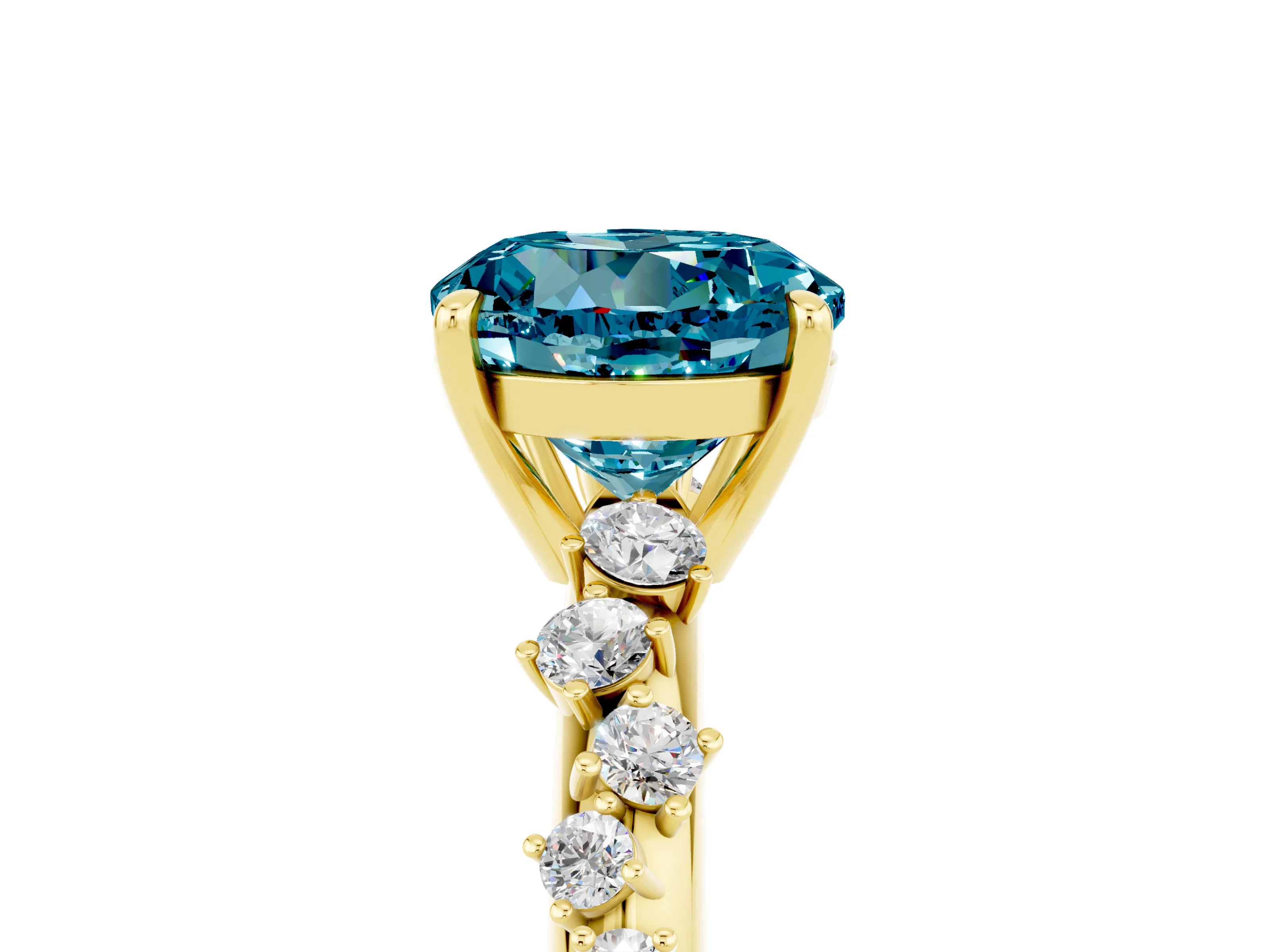 Yellow gold Round Cut Blue Topaz Cluster Side Stone Solitaire Ring with Prong Setting_29