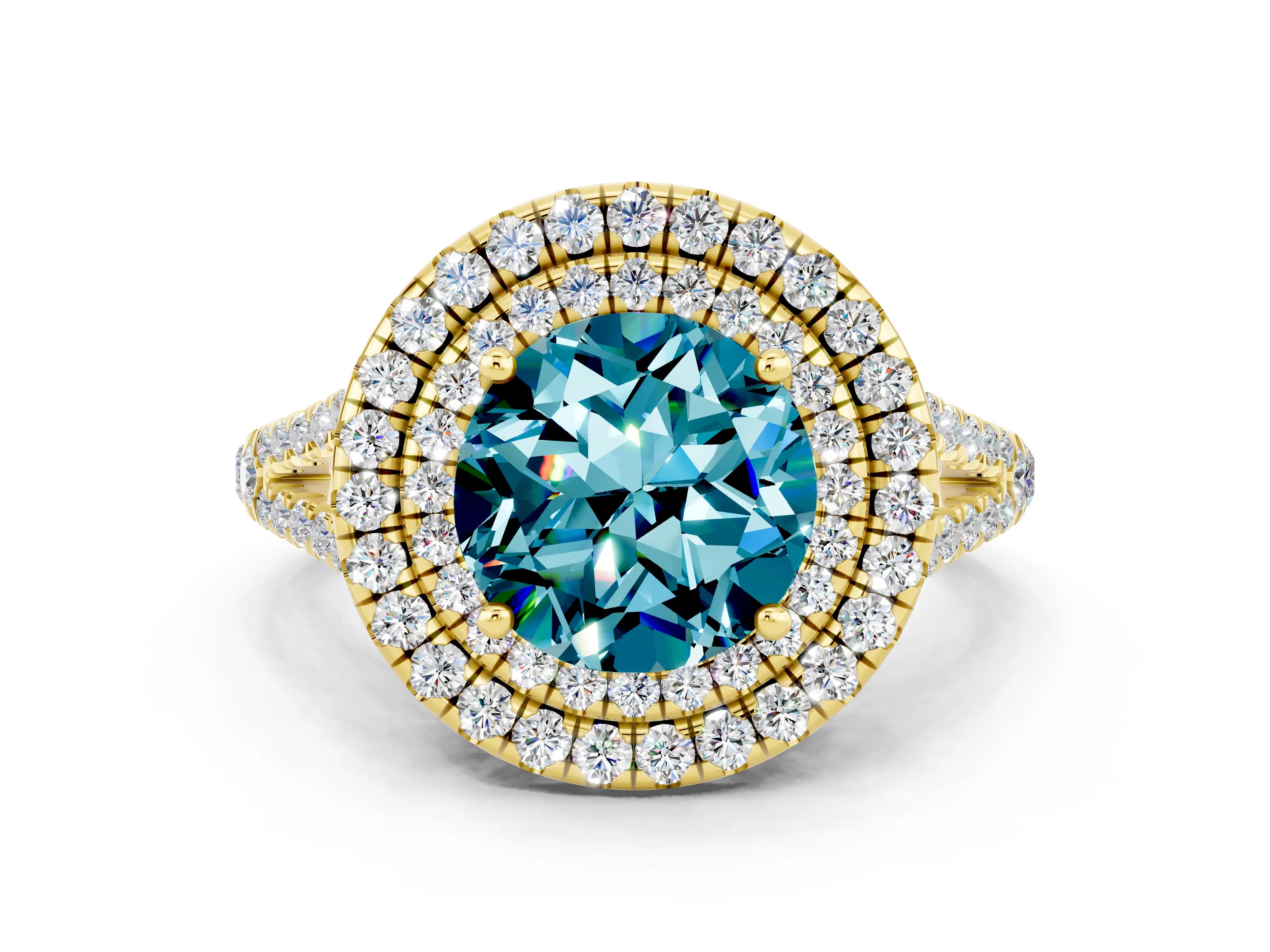 Yellow gold Round Cut Blue Topaz Double Halo Ring with Pavé Band and Prong Setting_12