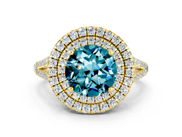 Yellow gold Round Cut Blue Topaz Double Halo Ring with Pavé Band and Prong Setting