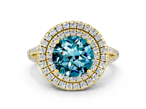 Yellow gold Round Cut Blue Topaz Double Halo Ring with Pavé Band and Prong Setting_12