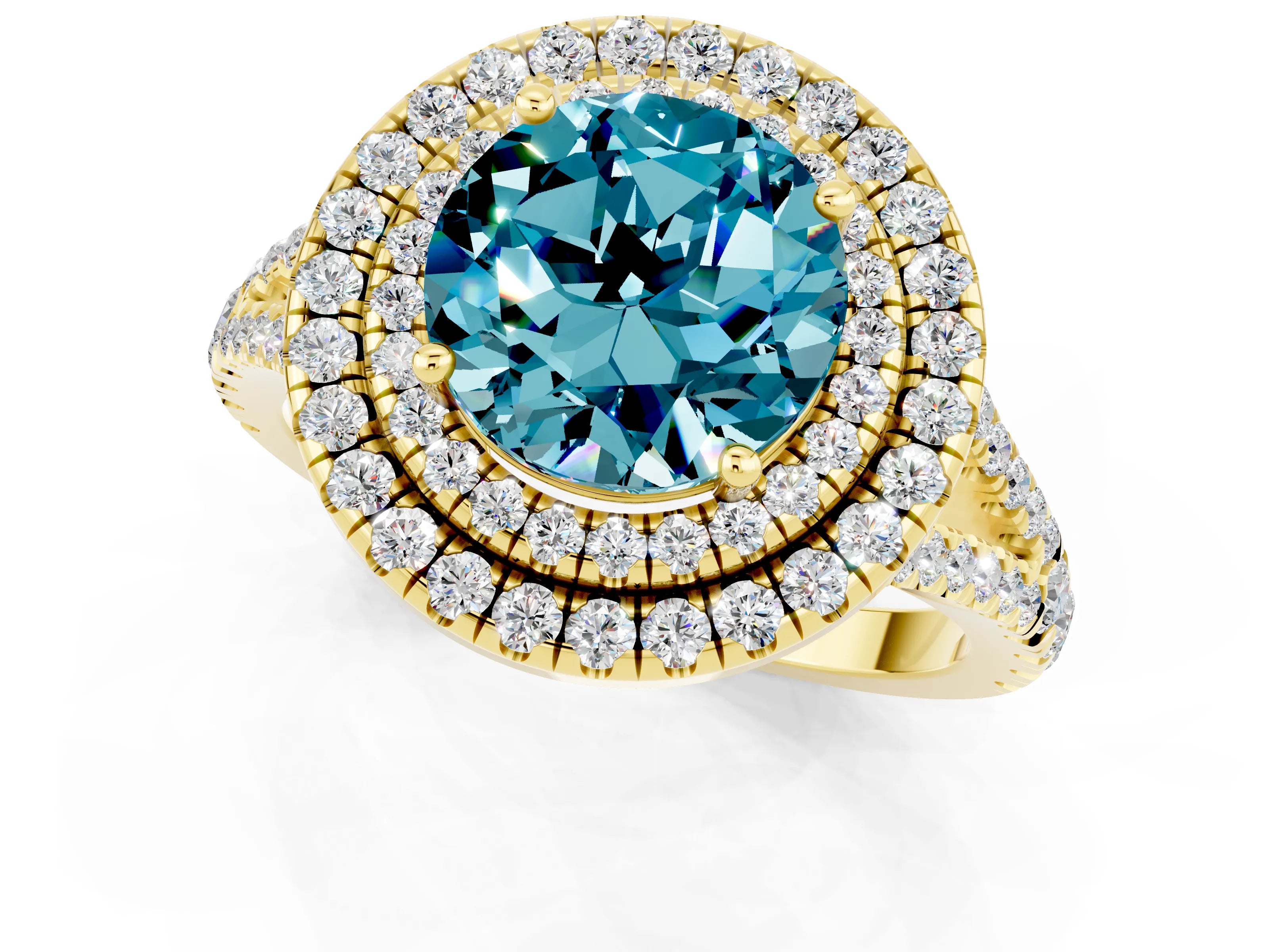 Yellow gold Round Cut Blue Topaz Double Halo Ring with Pavé Band and Prong Setting_13